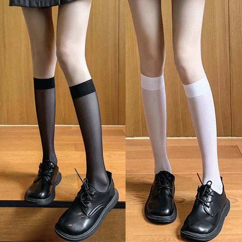 1/2pairs Lolita Silk Socks Knee Sock Tube Jk Girls Socks See Through White Black Long Sock Lolita Nylon Knee Lolita Stockings