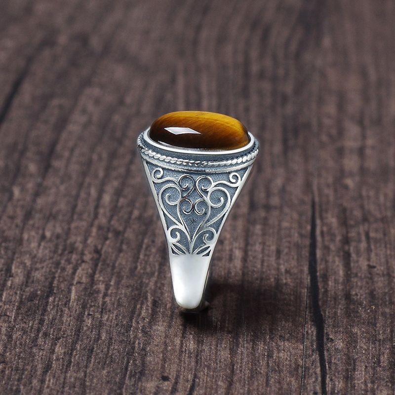 S925 Silver Tiger Eye Stone Live Mouth Men's Ring Vintage Style Natural Gift Opening Ring Gold Sense 2026