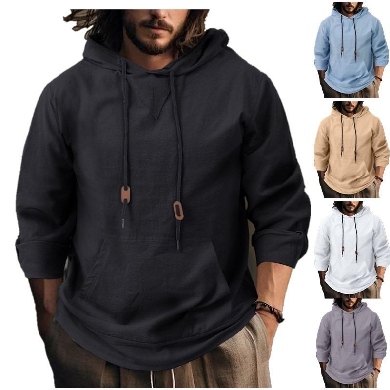 Men S Linen Cotton Blend Hooded Sweatshirt Loose Fit Casual Autumn Top
