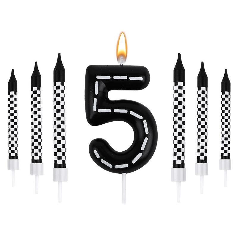 7Pcs Racing Cars Themed Birthday Candles Black White Checkered Number Cake Topper Kids Boys Birthday Party Decoration Supplies