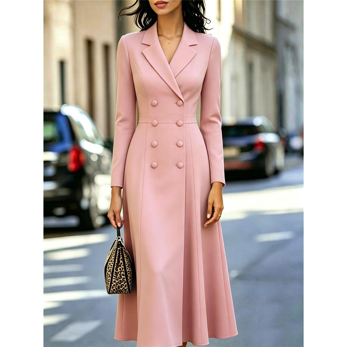 Dames Blazer Kraag Midi Jurk Dubbele Rij Knopen Lange Mouwen Slanke Taille A-lijn Formele Feestjurk S roze