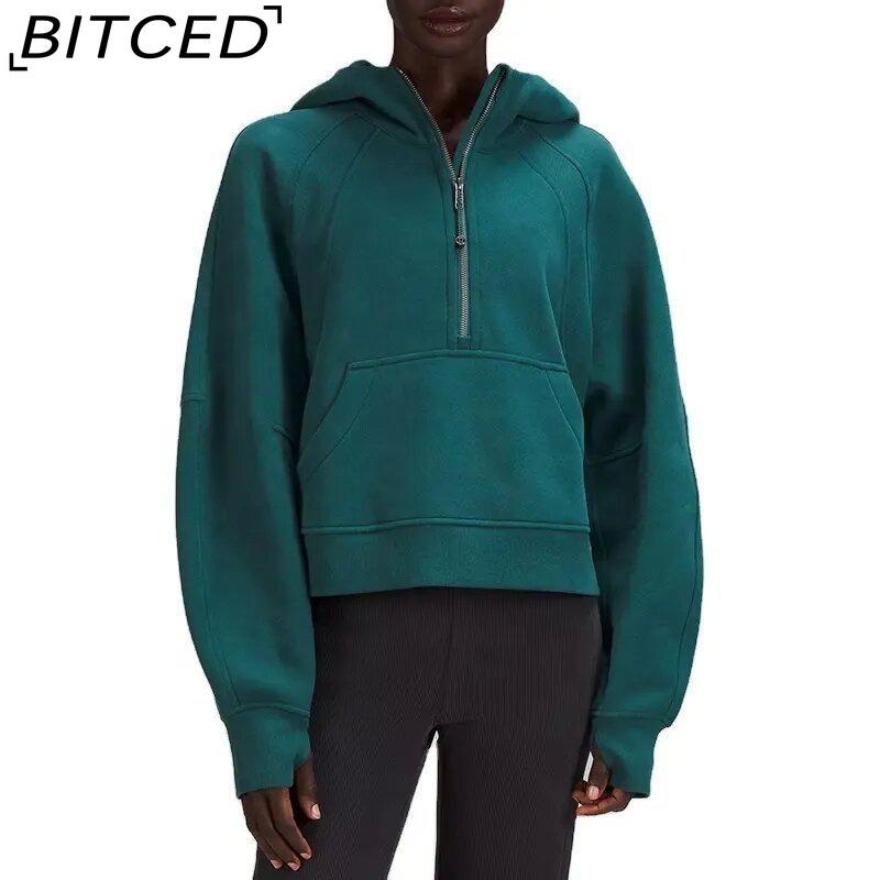 BITCED Autumn/Winter Yoga Wear Women's Sports Half-Zip Hooded Sweatshirt Loose-Fit Fleece-Lined Women's Casual Top