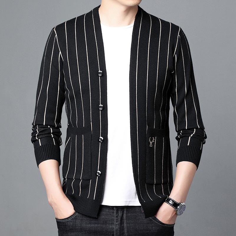 Men's Knitted Cardigan Autumn New Striped Knitted Sweater Youth Casual Fashion Outer Wear Real Pocket Jacket