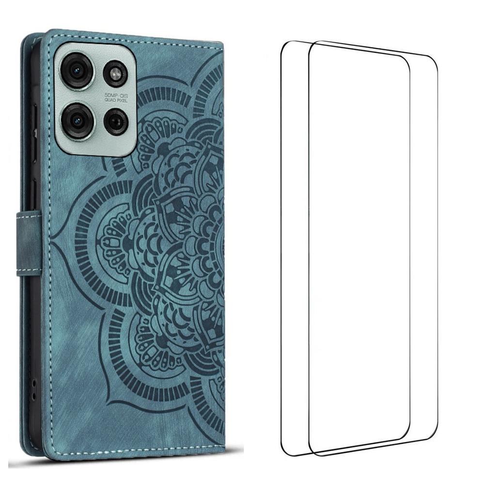 Für Motorola Moto G75 5G Hülle mit 2 Stück Panzerglas WANLONFENG MTL Serie Mandala Leder Handyhülle