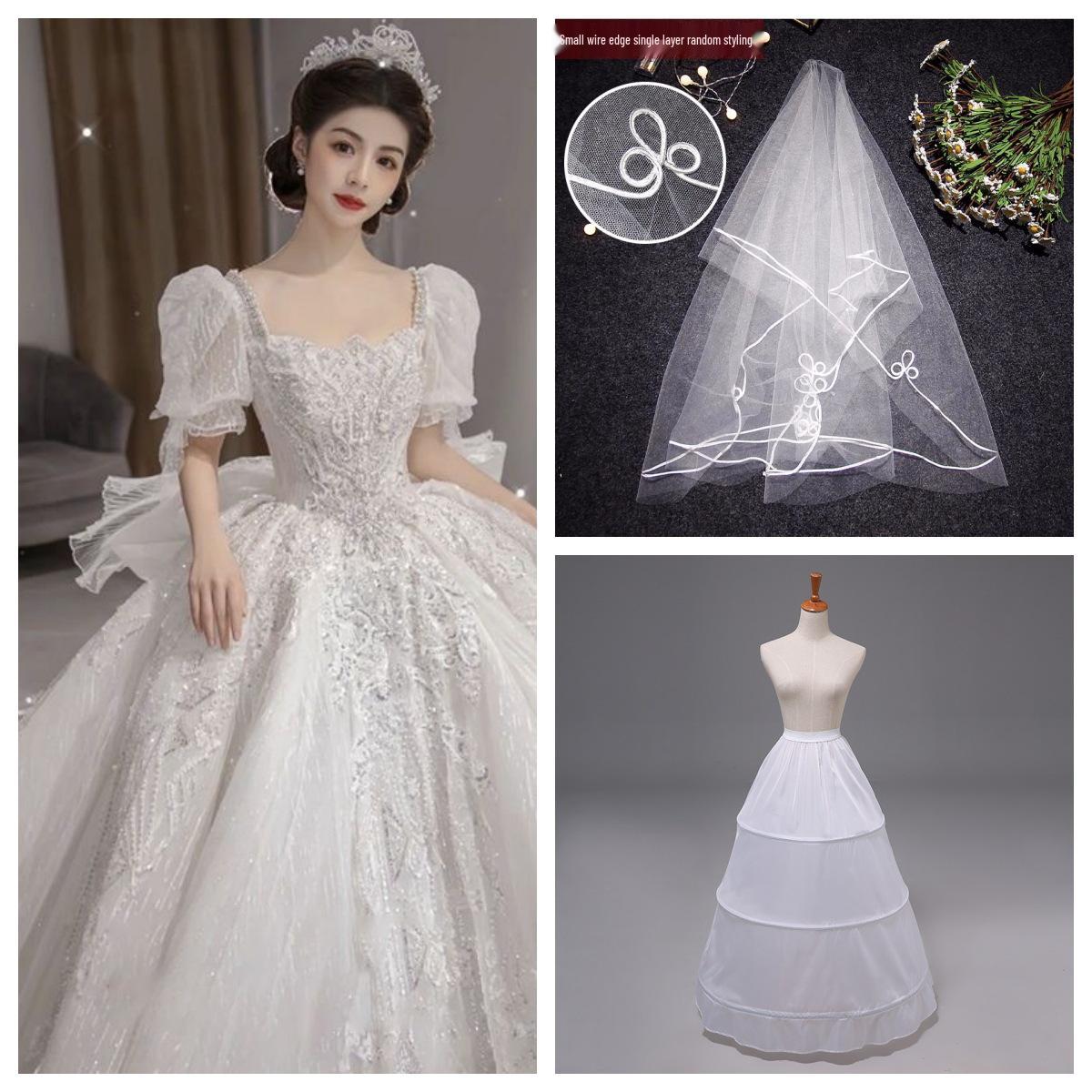 

Свадебное платье большого размера с открытыми плечами 2025 года с длинным шлейфом и элегантной французской отделкой M: Bust 84, Waist 67