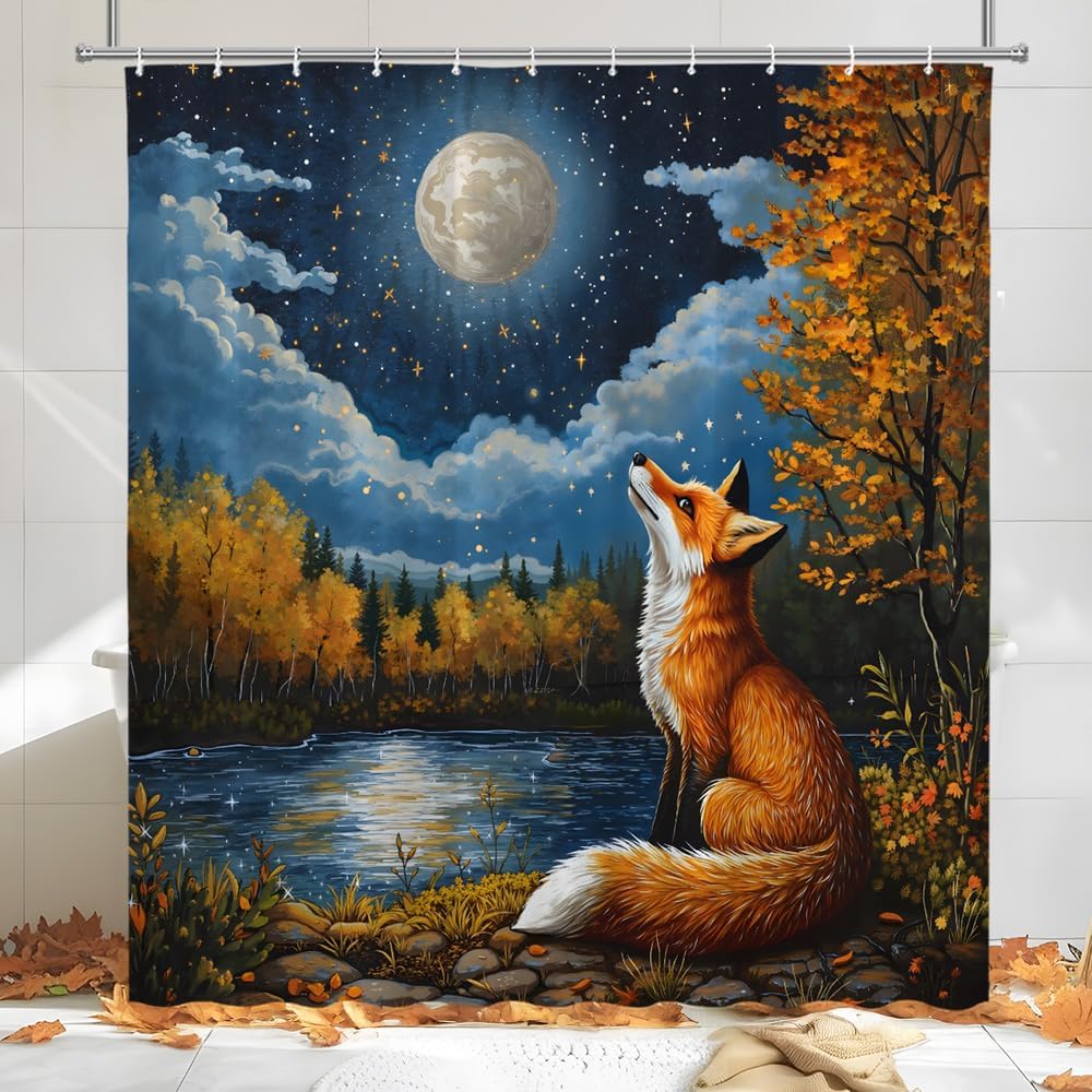 Fox Shower Curtain Autumn Forest Moon Night Scene Starry Sky Wildlife Comping Hunting Nature Lake Fall Maple Leaf Watercolor