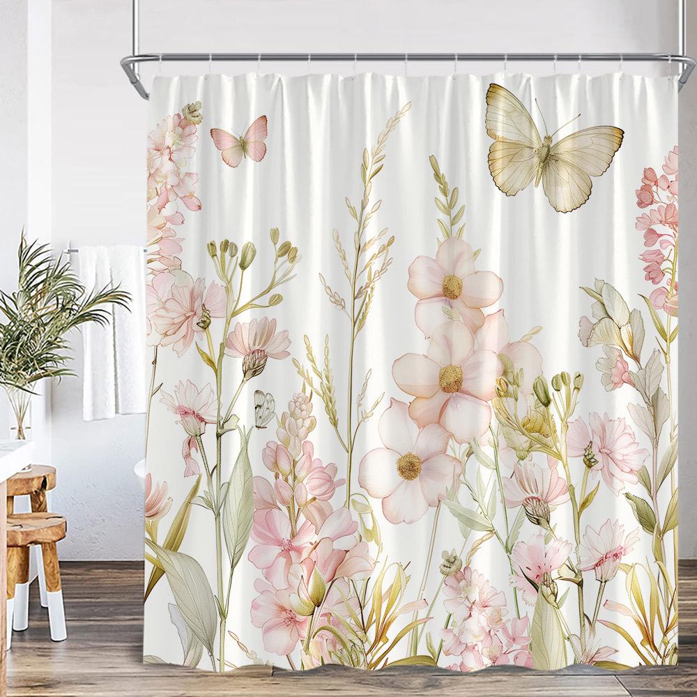 Butterfly Shower Curtains Multicolored Flowers Pastoral Floral Bathroom Decorations Rustic Polyester Bath Curtains with Hooks