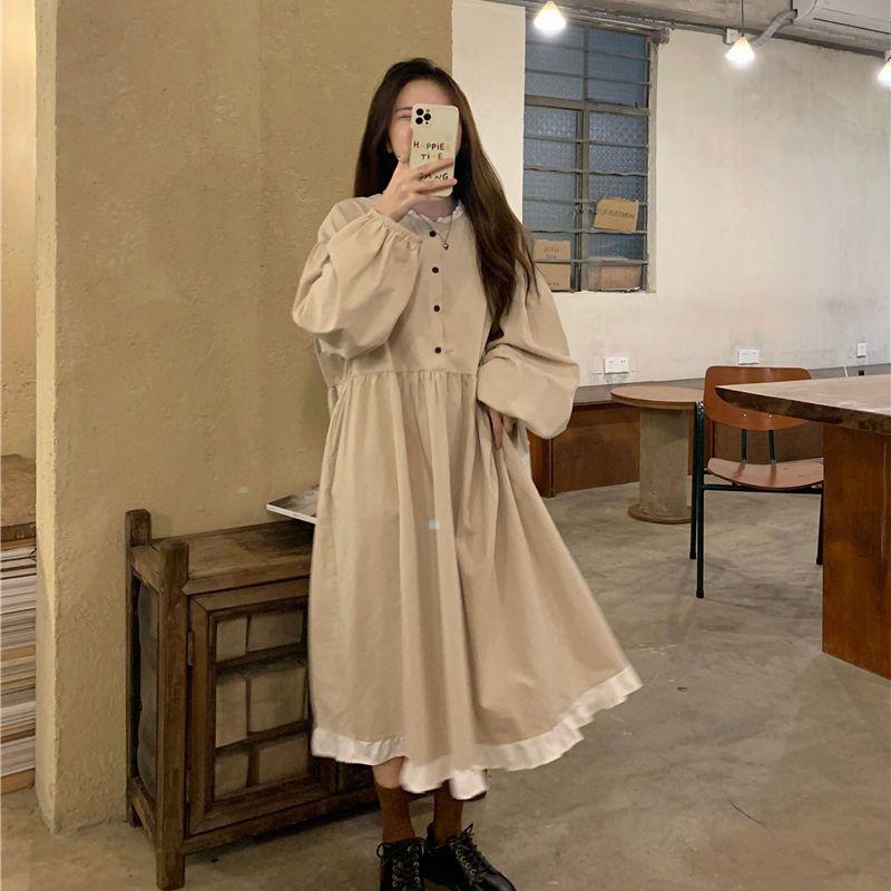 Autumn Korean Style Waist-Cinching Ruffled Fashionable Patchwork Mid-Length Temperament Long Sleeve Dress Women's