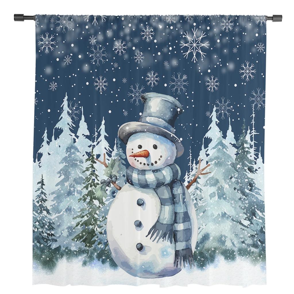 Weihnachtsbaum Schneeflocke Schneemann Blau Transparente Vorhänge zur Wohnzimmerdekoration Fenstervorhänge Küche Tüll Voile Vorhänge
