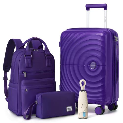 Elegant Purple Travel Set with 20" Carry On, Backpack, Bag & Umbrella, Lightweight Hard Shell Luggage with 360° Spinner Wheels
