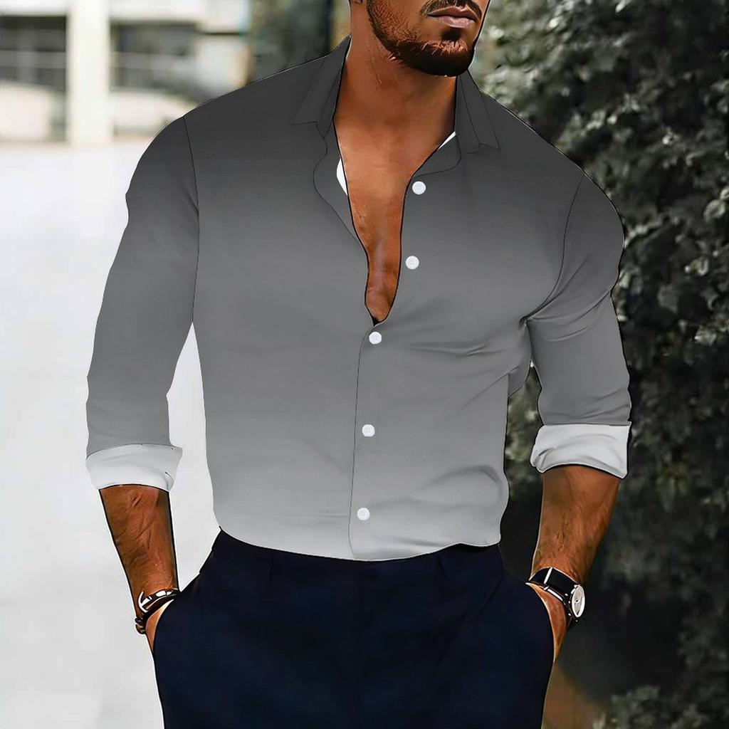 Men Collared Shirt Black White Gradient Solid Tone Long Sleeve Button Down Top