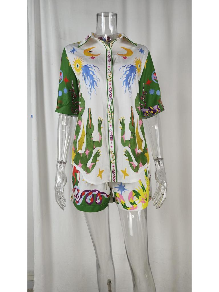 2026 Spring European and American Women's Casual Printed Three-Quarter Sleeve Pants Suit