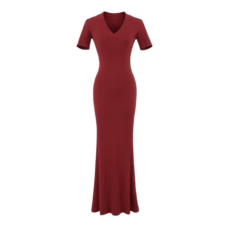 Summer new basic Kardashian basic version V-neck long dress sexy little mother style slim dress