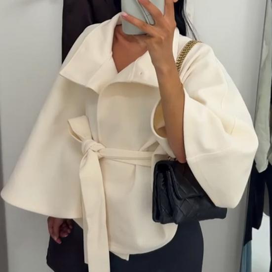 Women's Batwing Sleeve Wool Poncho Coat Stand Collar Cropped Cape Jacket with Belt Fall Winter Short Trench Pea Coat