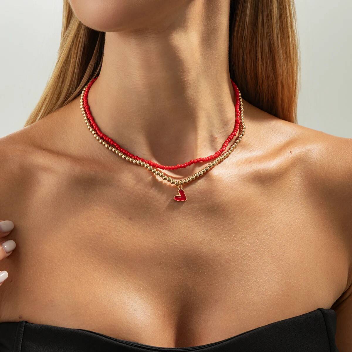 Salircon 2 Pcs/set Trendy Y2K Love Heart Pendant Choker Necklace Women Boho CCB Beaded Clavicle Chain Exquisite Party Jewelry красный