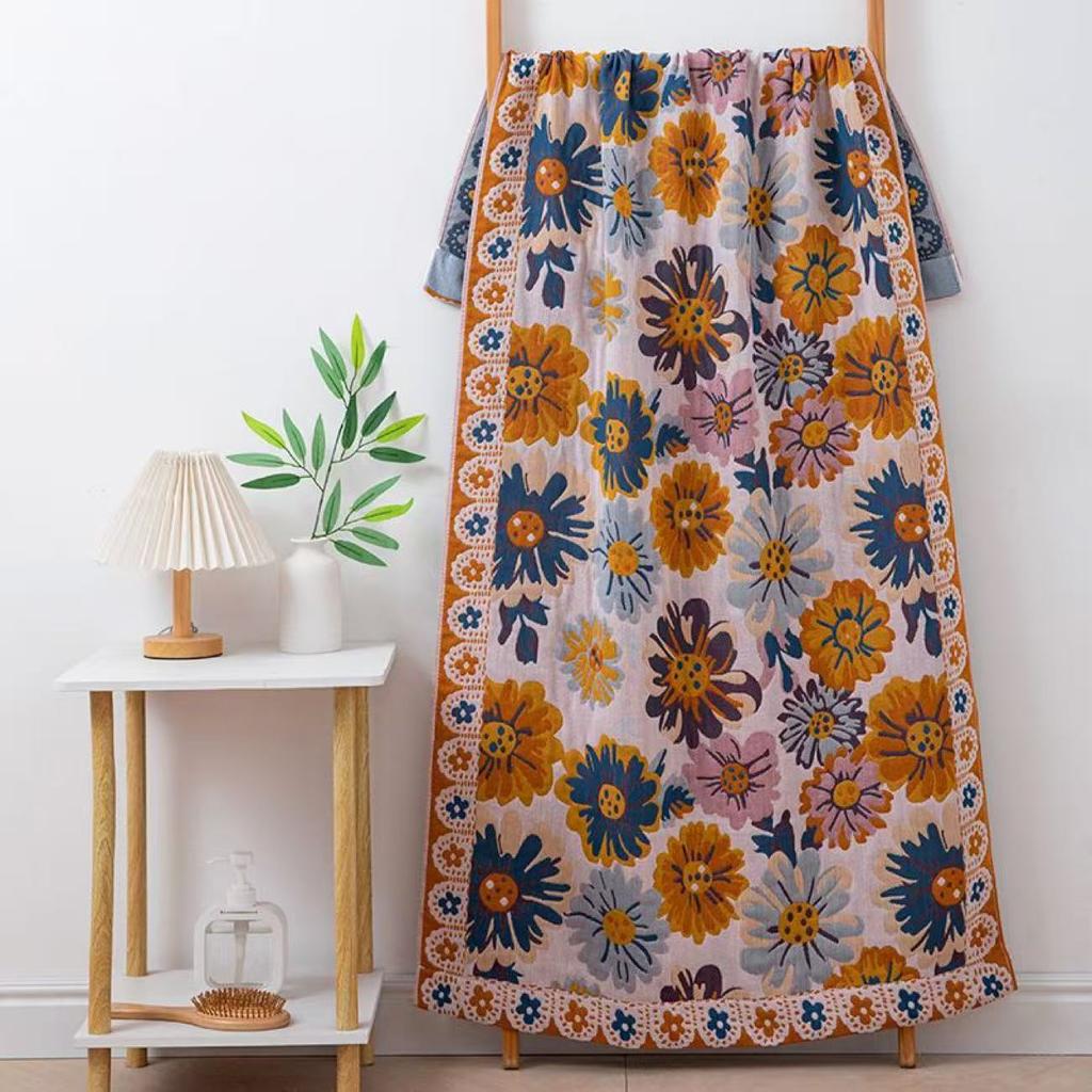 All-Season Gauze Bath Towel Blanket with Floral Pattern - 160x80cm