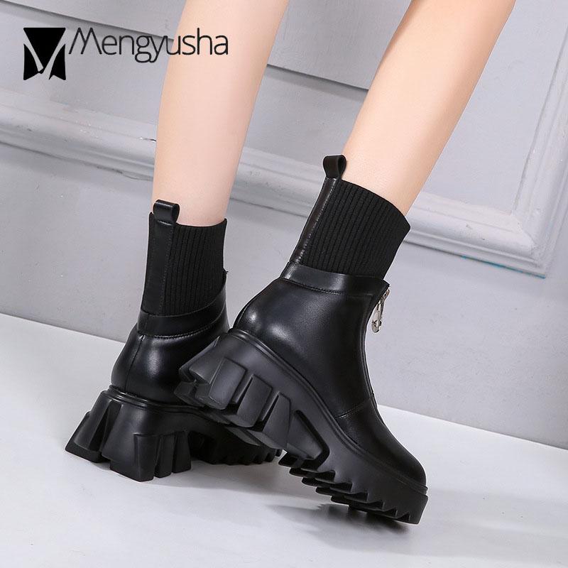 Bottes d'équitation à fermeture éclair avant femme bottines en maille bottes à plateforme d'hiver en peluche à gros talons hauts botas grande taille 34-43