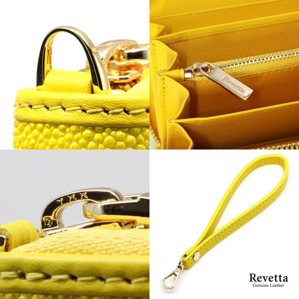 [Revetta] Stingray Leather Long Wallet, Yellow, Caviar Pearl Finish, Round Zipper, Genuine Leather, Women's, with Strap [233stw-2]