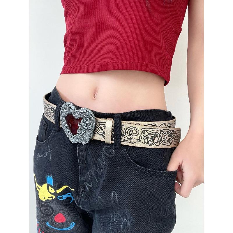 Embossed heart belt - punk style, y2k hot girl, versatile gothic dark leather belt