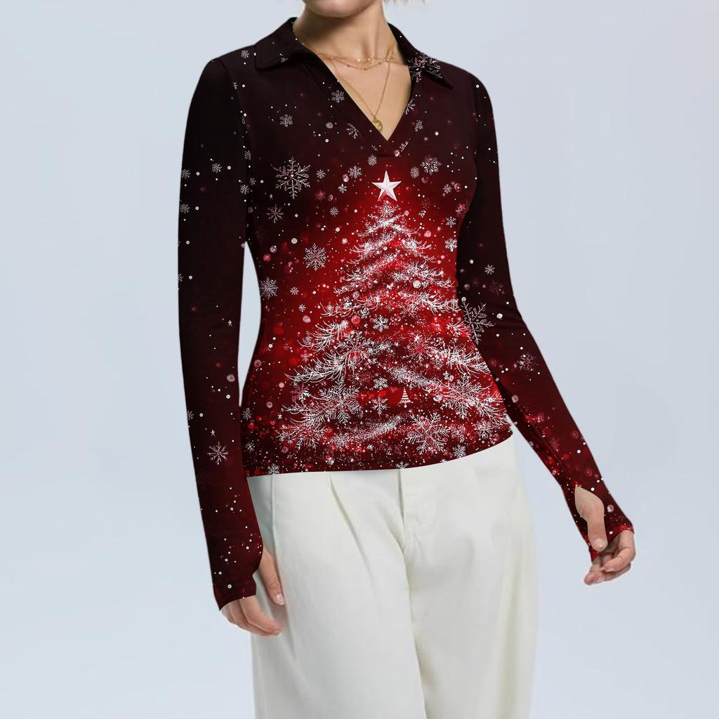 Damenmode Lässig Weihnachts-Print V-Ausschnitt Langarm Knopfleiste Oberteil