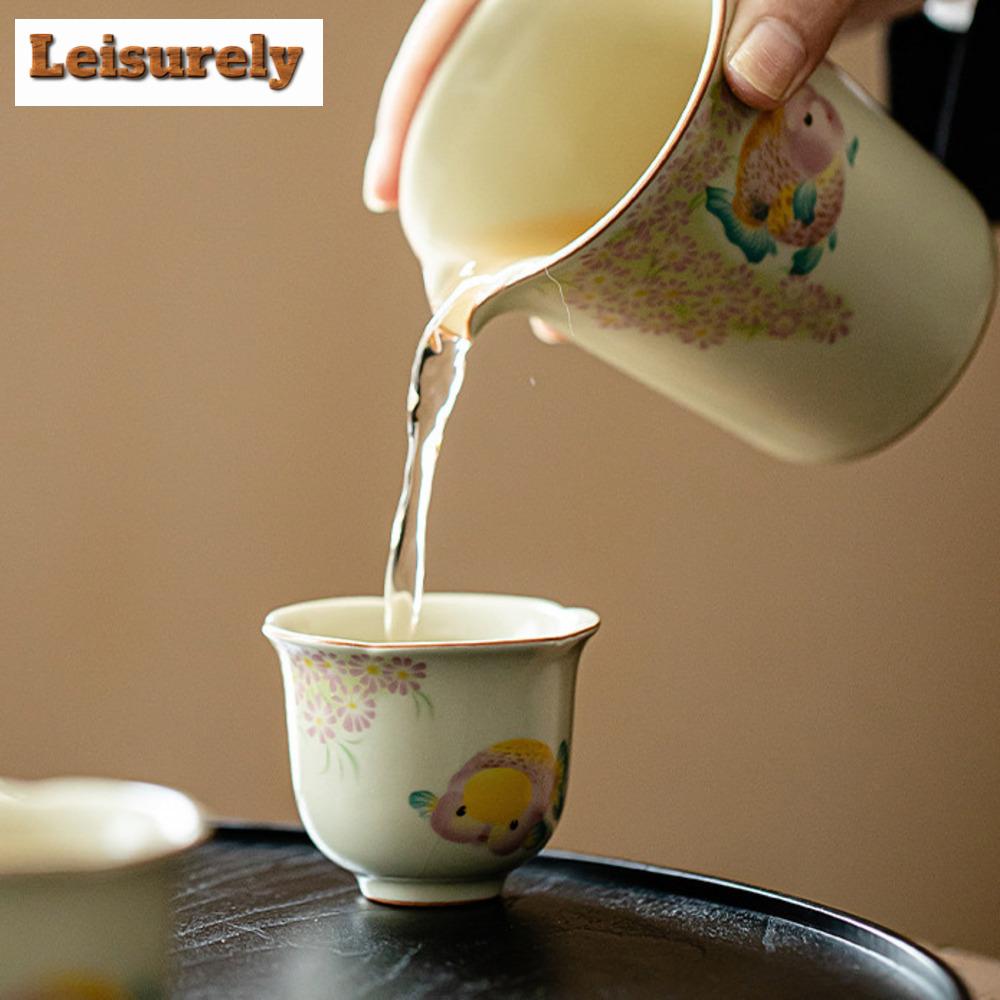 2pc/set Retro Ru Kiln Ceramic Teacup Creative Golden Fish Master Cup Small Flower Mouth Cup Can Raise Mug Kung Fu Tea Set 50ml