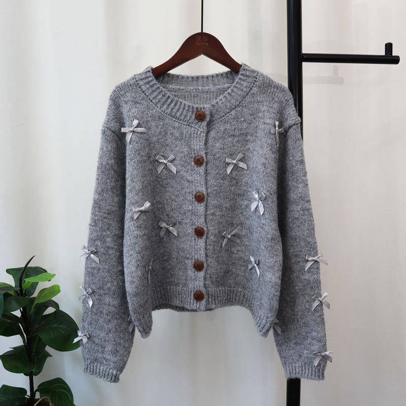 Crew Neck Bow Sweet Gentle Wind Knitted Cardigan Autumn and Winter New Design Sense Loose Sweater Jacket Women