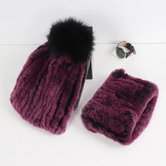 New Fashion Knitted Good Elastic Real Fur Scarf Hat Sets Women Winter Warm Natural Rex Rabbit Fur Scarves Hats Sets