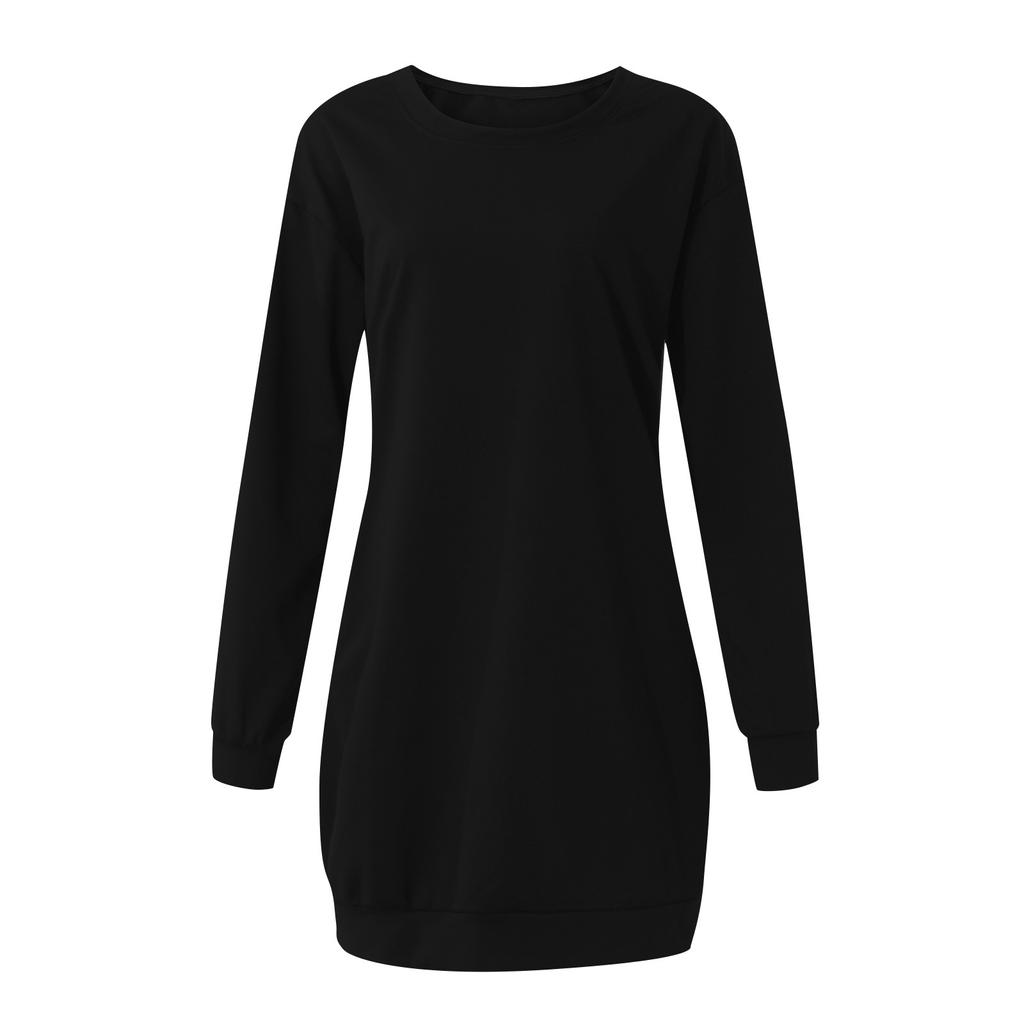 Damen Lässiges Farbe Langarm Rundhals Tasche Kleid