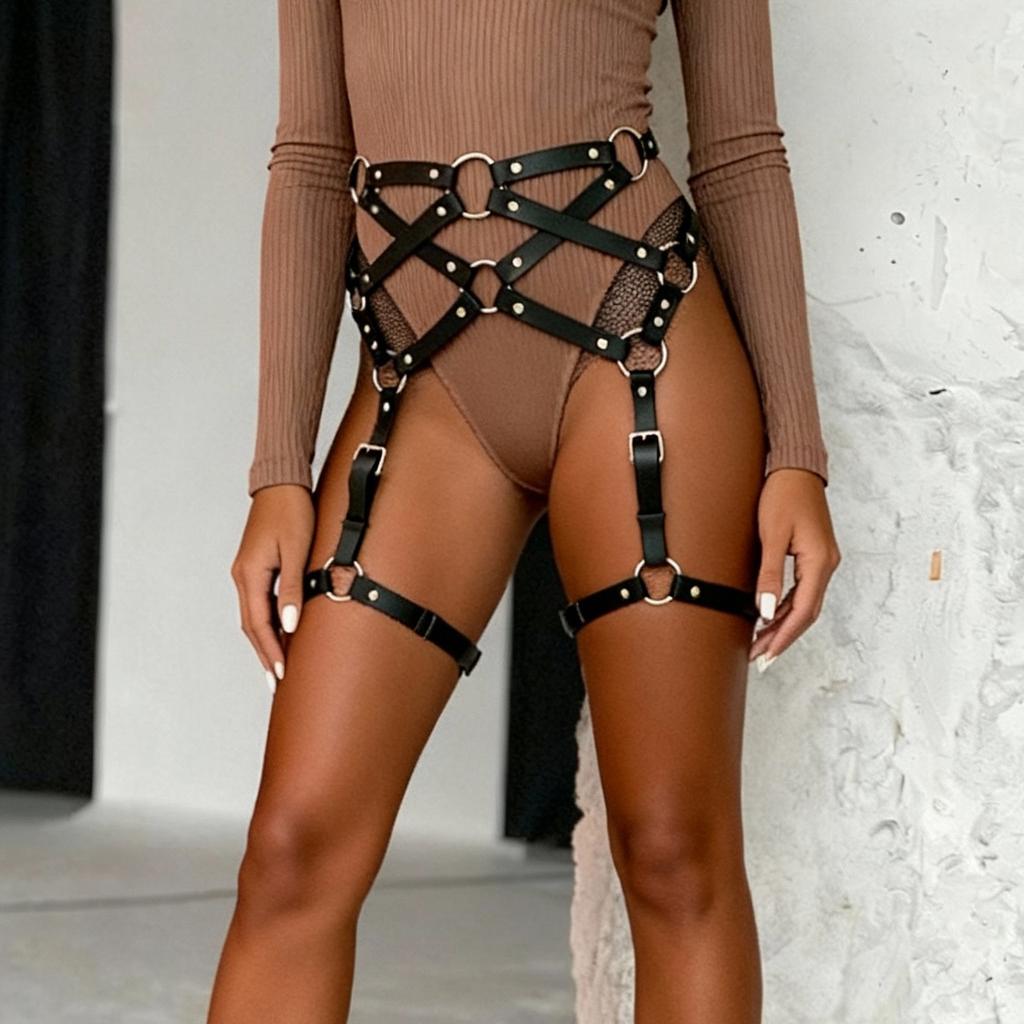 Leather Body Harness for Women, Adjustable Punk Garter Belts with Metal O-Rings, Rave Outfit Accessories