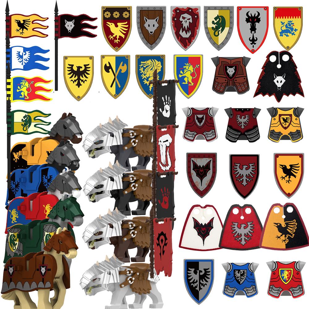 Medieval Castle Green Dragon Knight Building Blocks Figure Accessory Shield Vest Warhorse Cape Orc Flag Mount Wolf Toy Gift D123