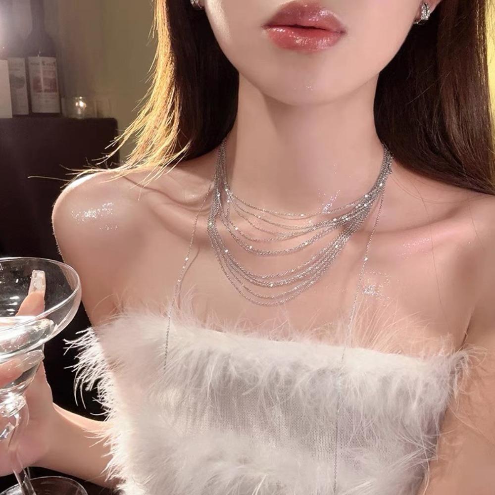 Sparkling Flash Fringe Necklace Glitter Long Sweater Chain Fashion Multi Layer Necklaces  Wedding