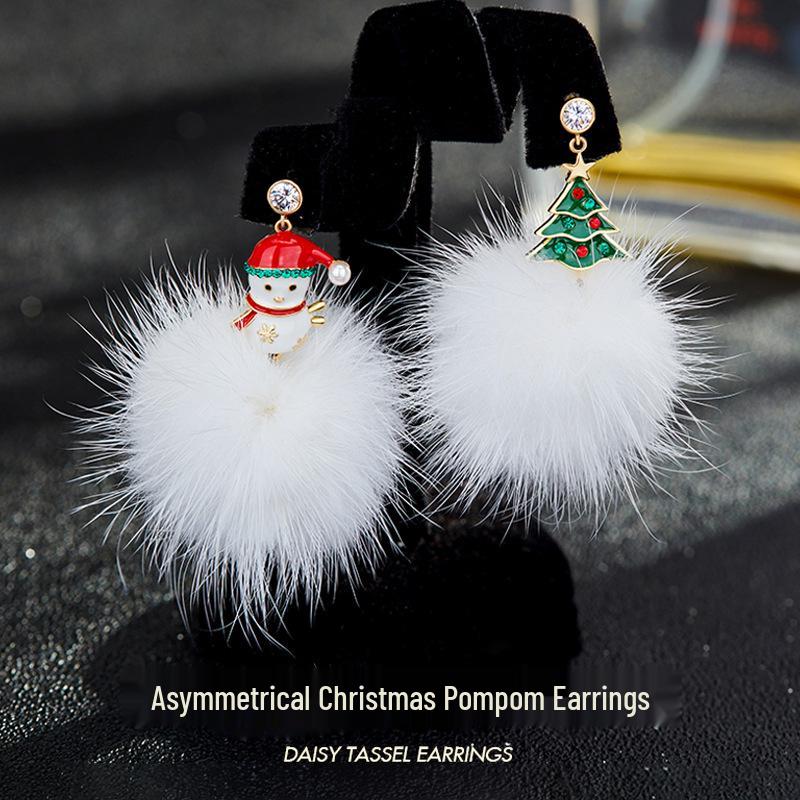 Korean S925 Silver Christmas Earrings: Asymmetrical Drip Oil with Diamonds, Snowman & Tree Pompon Studs.