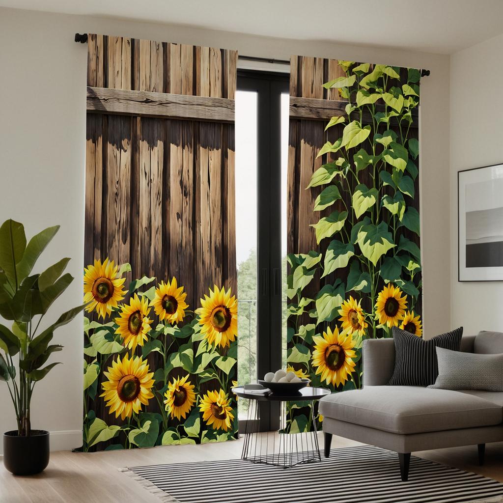 2pcs  HD summer sunflower wooden door decorative curtain Yellow decorative curtain Yellow digital printed curtain Home decorat