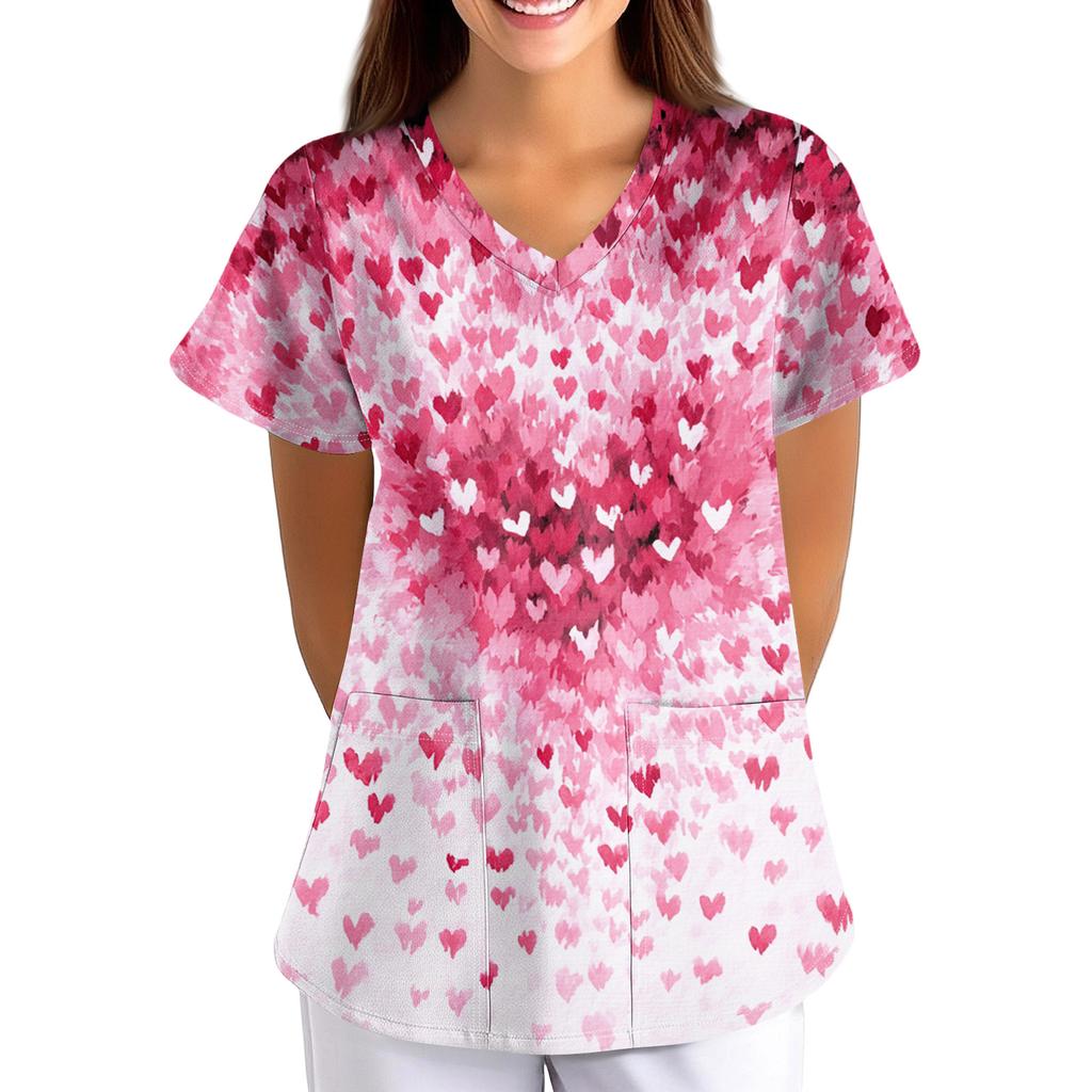 ÜbergrößeBedruckte Kasack Arbeitsuniform Oberteile für Damen V-Ausschnitt mit Überkreuzung Print Kurzarm Lustige T-Shirts Arbeitskleidung T-Shirt mit Taschen