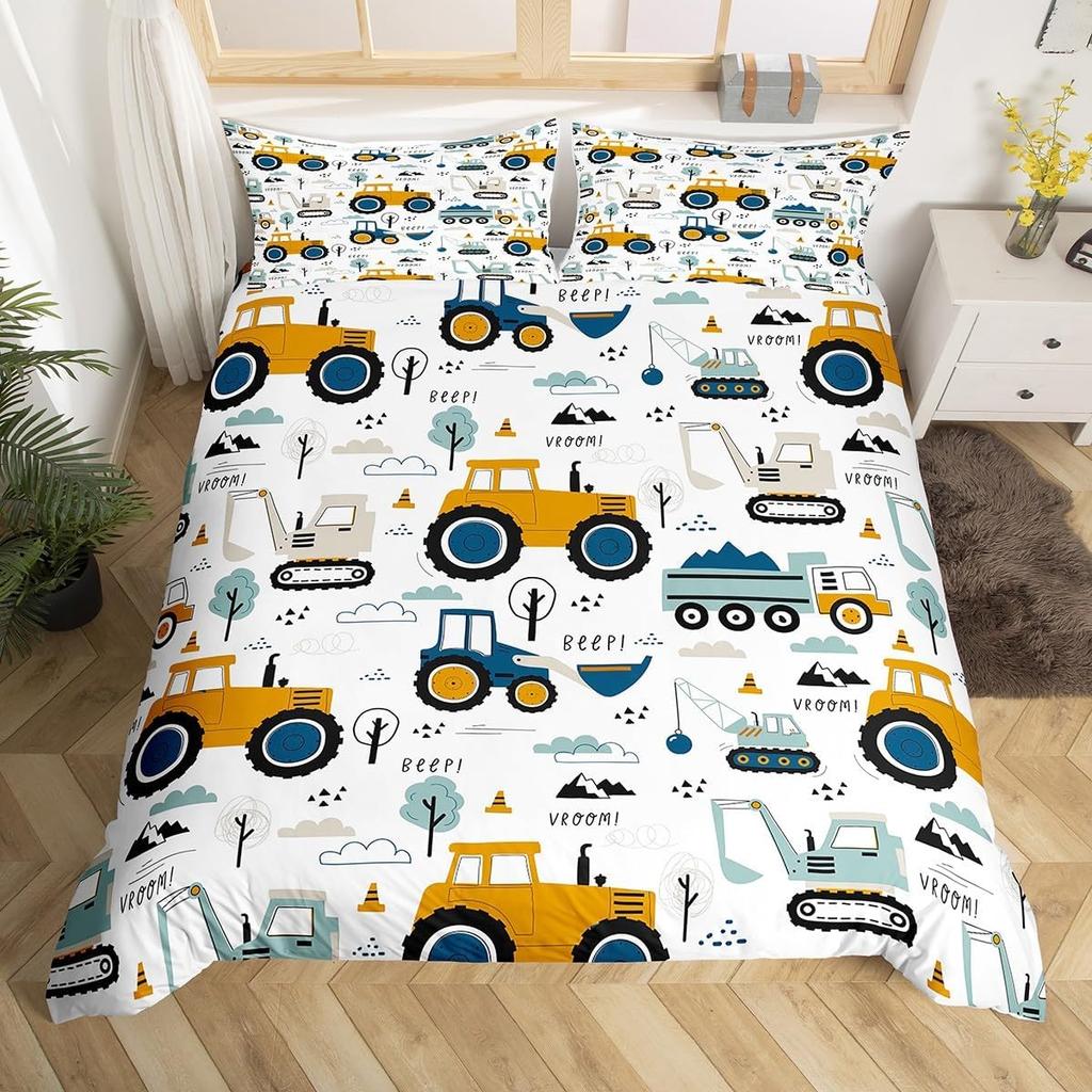 Truck Excavator Soft Duvet Cover Set Quen Sized Dimensions for Children Kids Nursery Carton Tractor Enginering Vehicle Construction Theme Beding Set
