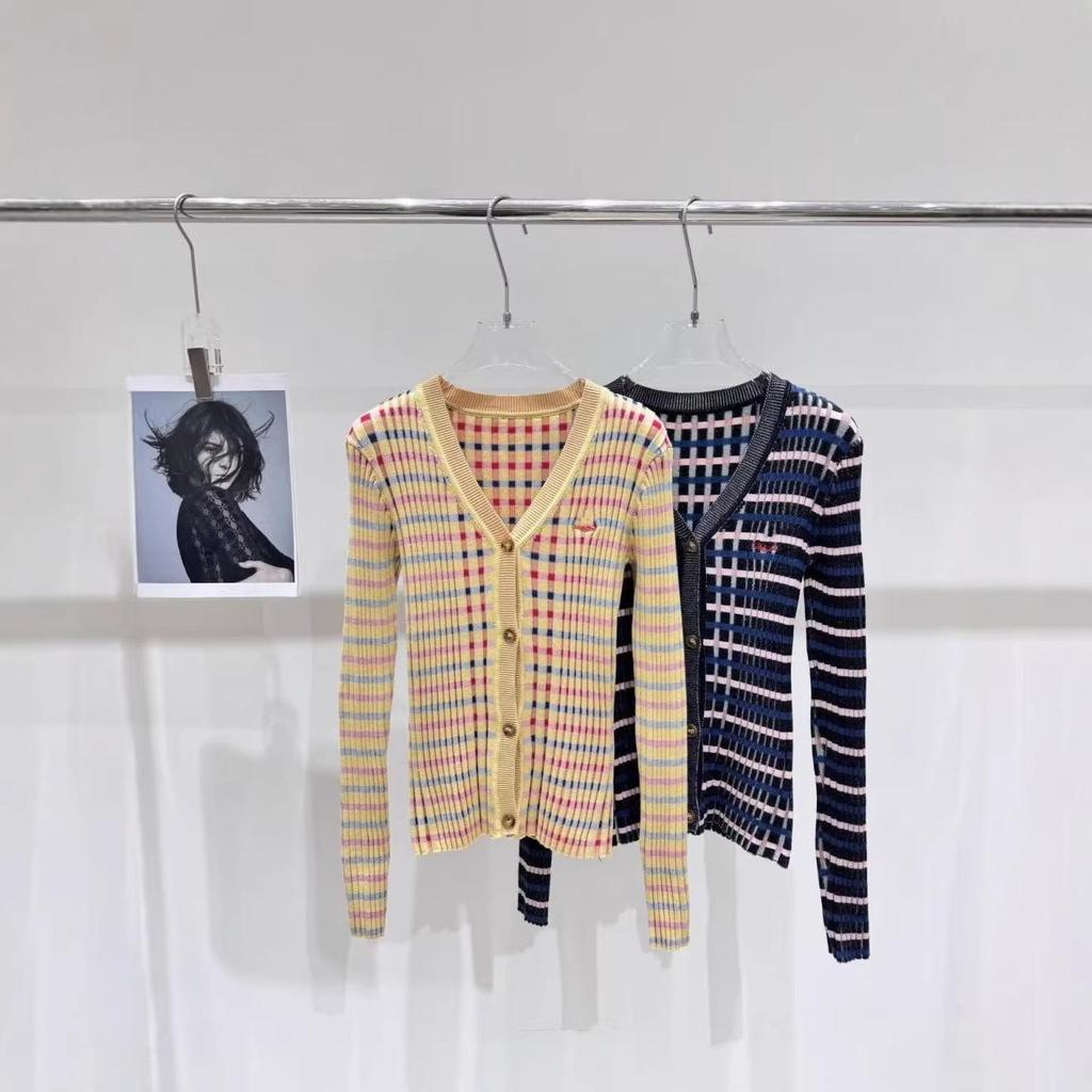 2026 Spring Slim-Fit Plaid Stripe Knit Cardigan