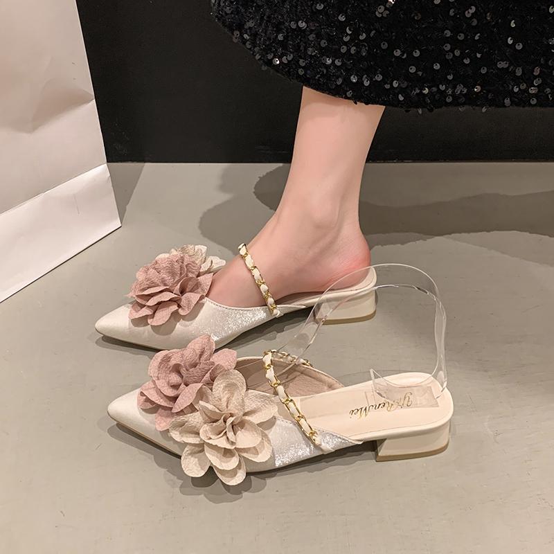 Fashion Flower Women Mid Heels Slippers Pointed Toe Chunky Shoes Fashion Dress Pumps Designer Summer Slides 2025 New Zapatillas Ladies