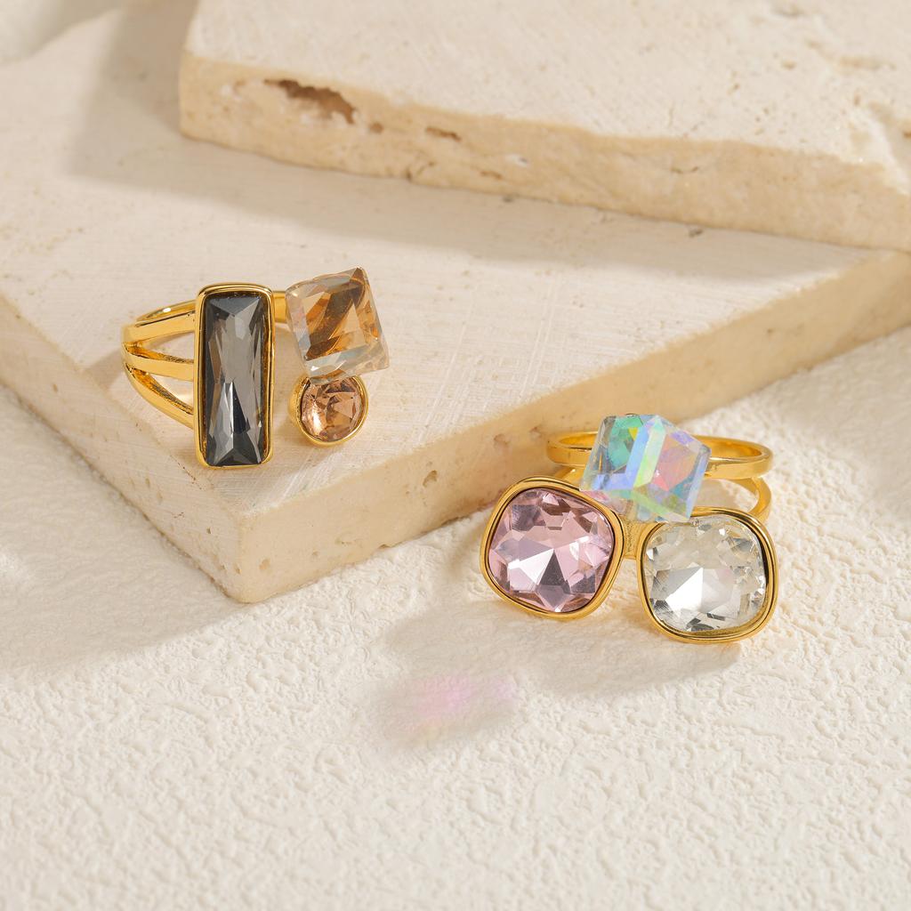 Edelstahl Vintage Zirkon Ringe für Frauen Verstellbar Retro Glänzender Stein Offener Ring Wasserdicht Weihnachts Schmuck Geschenk