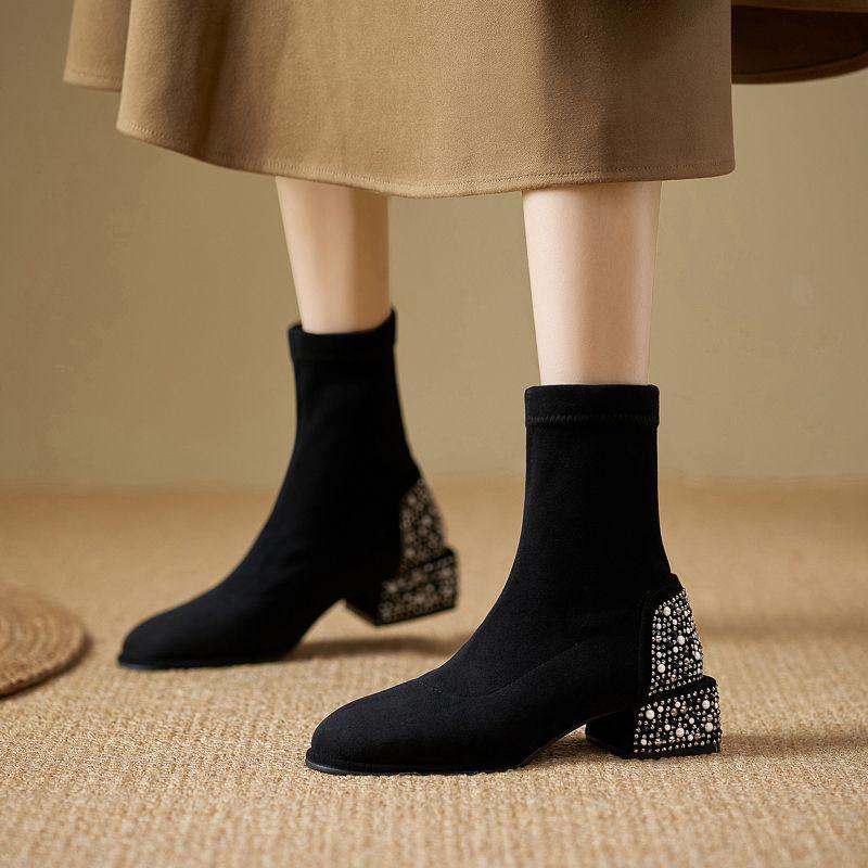 

2025 Autumn/Winter Black Slimming Boots with Elegant Pearl Rhinestones, Chunky Heel Suede Ankle Boots, Women s Versatile Mid-Heel Default