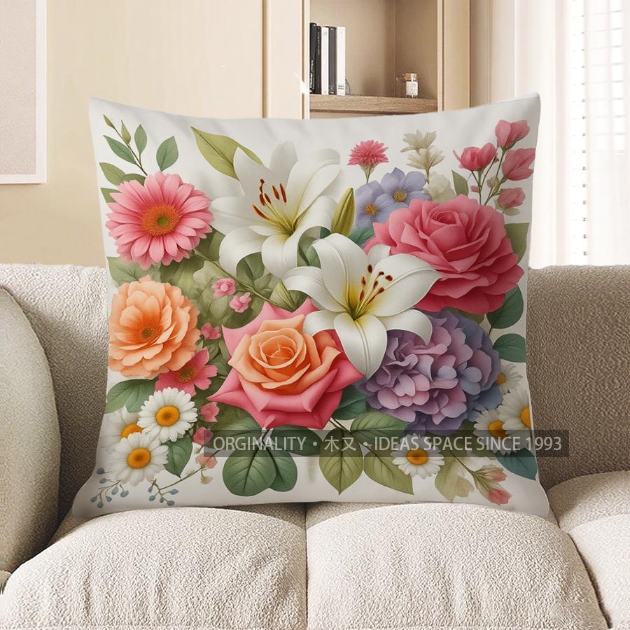 Home Decor Bouquet Of Flowers Decorative Throw Pillow Pattern Cushion Cover Suitable For Sofa Bedroom Car Pillow Cover