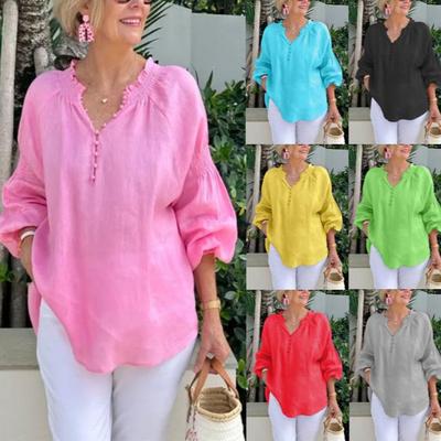 2025 Spring/Summer Women's V-Neck Cotton Linen Long-Sleeve Casual Top