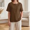 Women Henley Button Neck Short Sleeve Cotton Linen Shirt with Chest Pocket Loose Fit Casual Top for Daily Office Wear