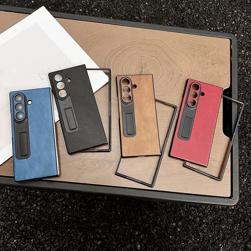 Business Stand Leather Phone Case for Samsung Galaxy Z Fold 7 6 5 4 3 Crazy Horse Pattern Bracket Hard Mobile Shockproof Protect Cover