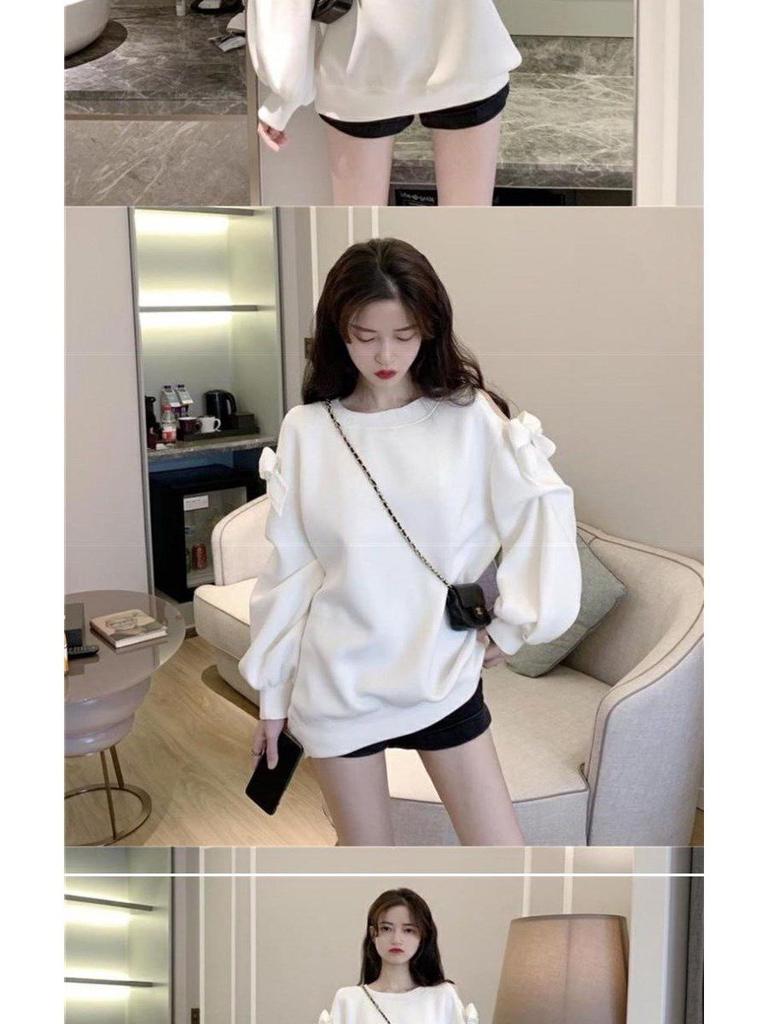 Plus Size Off-Shoulder Gray Sweatshirt for Women - Long Sleeve, Thin, Mid-Length, Spring/Autumn.