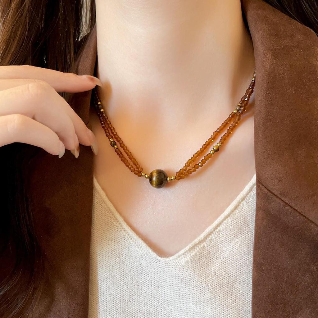 French Maillard Elegant Crystal Beaded Necklace - Tiger Eye Double Layer Choker with High-End Niche Luxury Feel