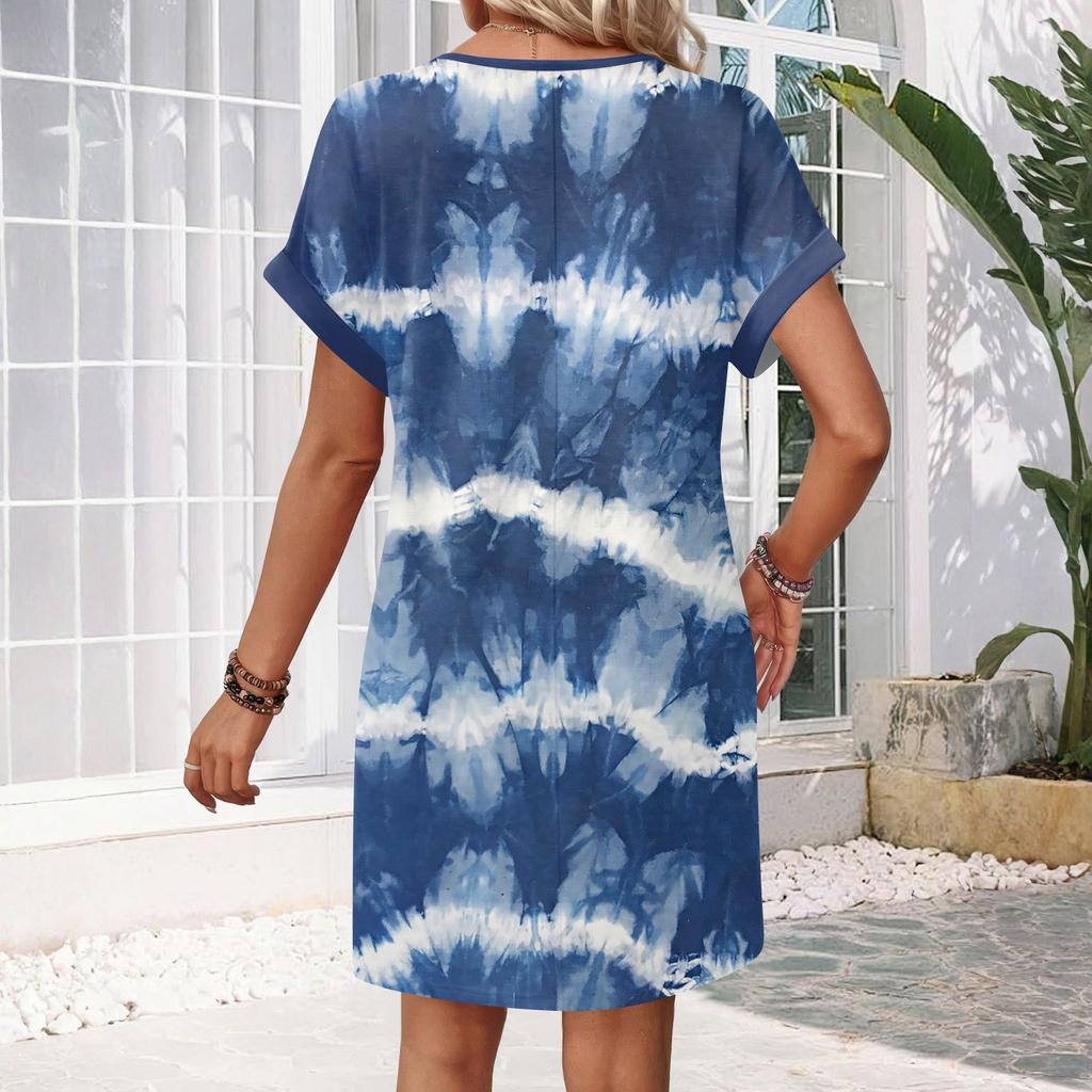 Women's Fashion Print V-Neck Short Sleeve Pocket Casual Pullover Dress