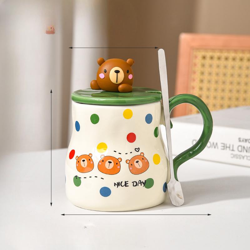 Kreslený zvířátkový trojrozměrný hrnek s víčkem a lžičkou, hrnek pro pár, roztomilý hrnek na pitnou vodu, dětský snídaňový hrnek, keramický