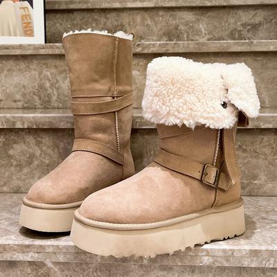 Lammfell und Fell integrierte Lederrevers Ritter Schnee Baumwollstiefel lange Stiefel dicksohlige Muffin verdickte zwei Damenschuhe