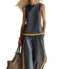 New Women's Sleeveless Color Block Wide Leg Pants 2-Piece Set, Summer Casual Fashion Outfit For European American