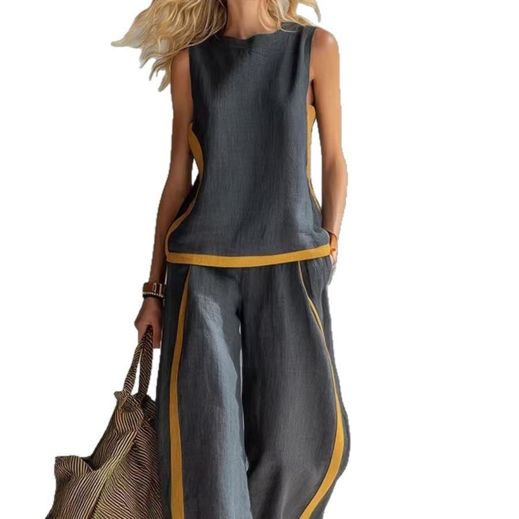 New Women's Sleeveless Color Block Wide Leg Pants 2-Piece Set, Summer Casual Fashion Outfit For European American